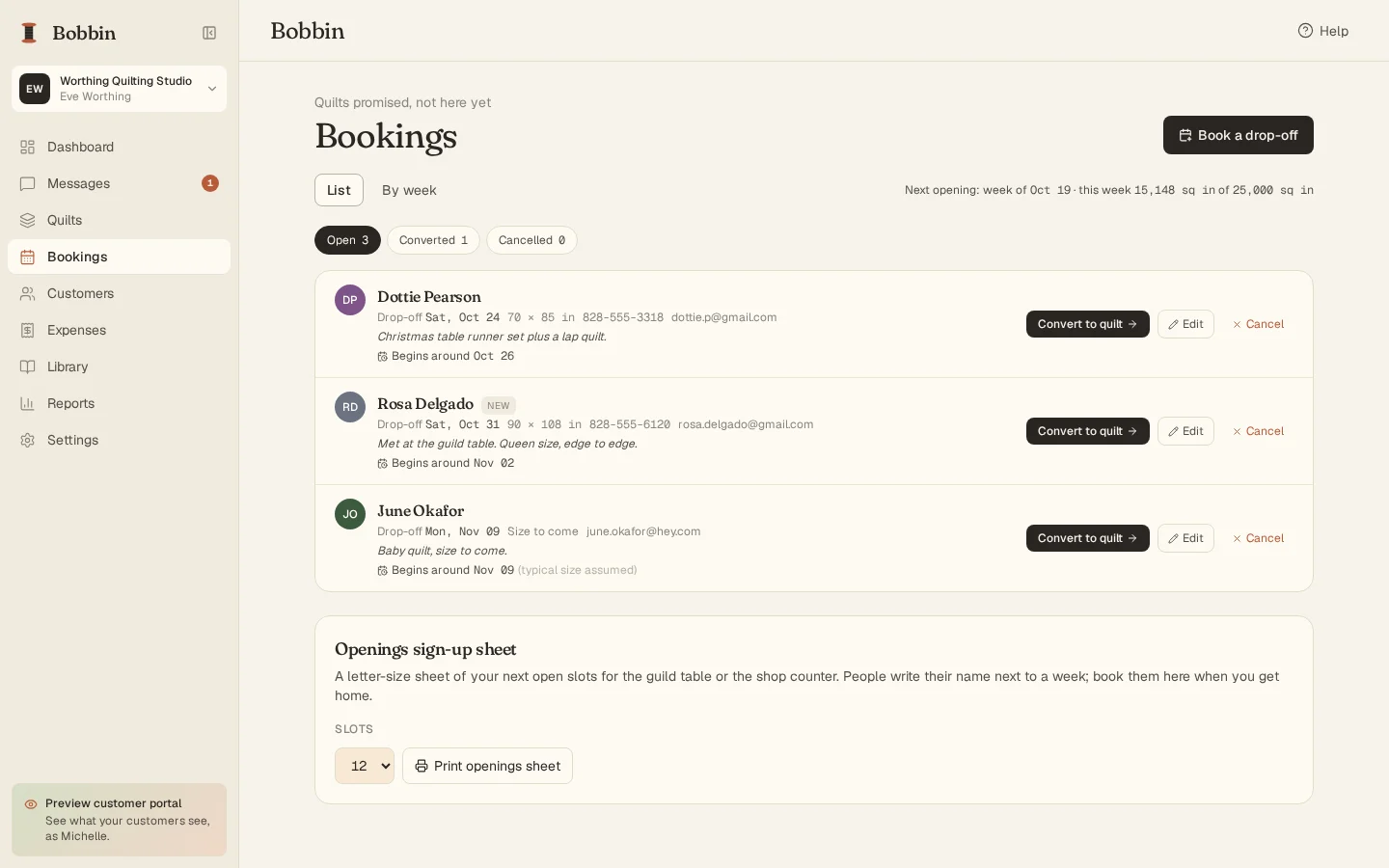 The bookings list: promised drop-offs with expected dates and sizes, and when each one should begin based on weekly capacity.