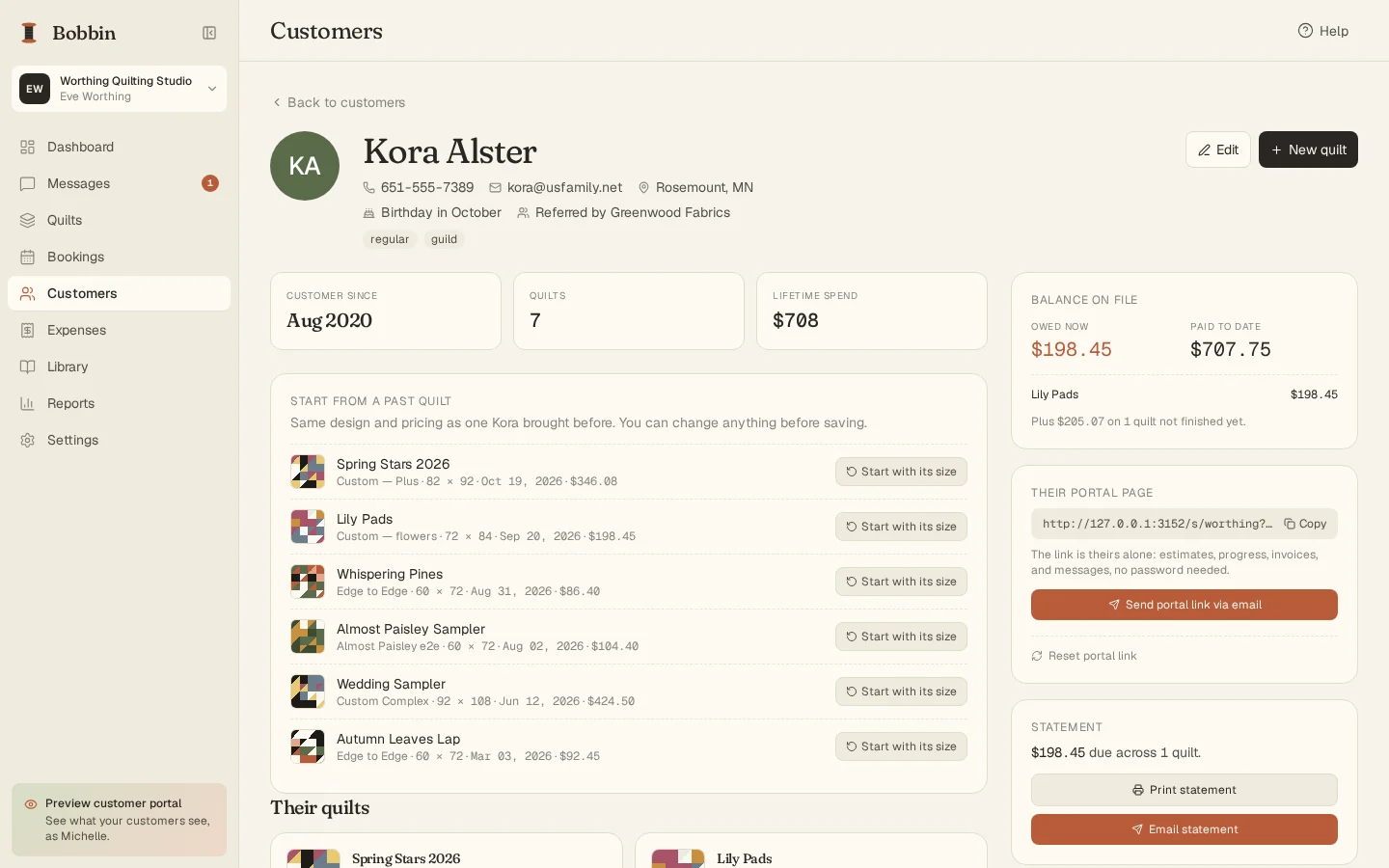 Kora Alster's customer page: contact details, birthday month, referral source and tags, her balance on file, past quilts to start a new one from, her portal link and a statement.