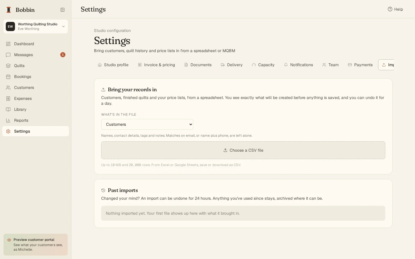 Settings, Import: choose what a CSV file holds, such as customers, quilt history or price lists, then match columns and check a dry run.