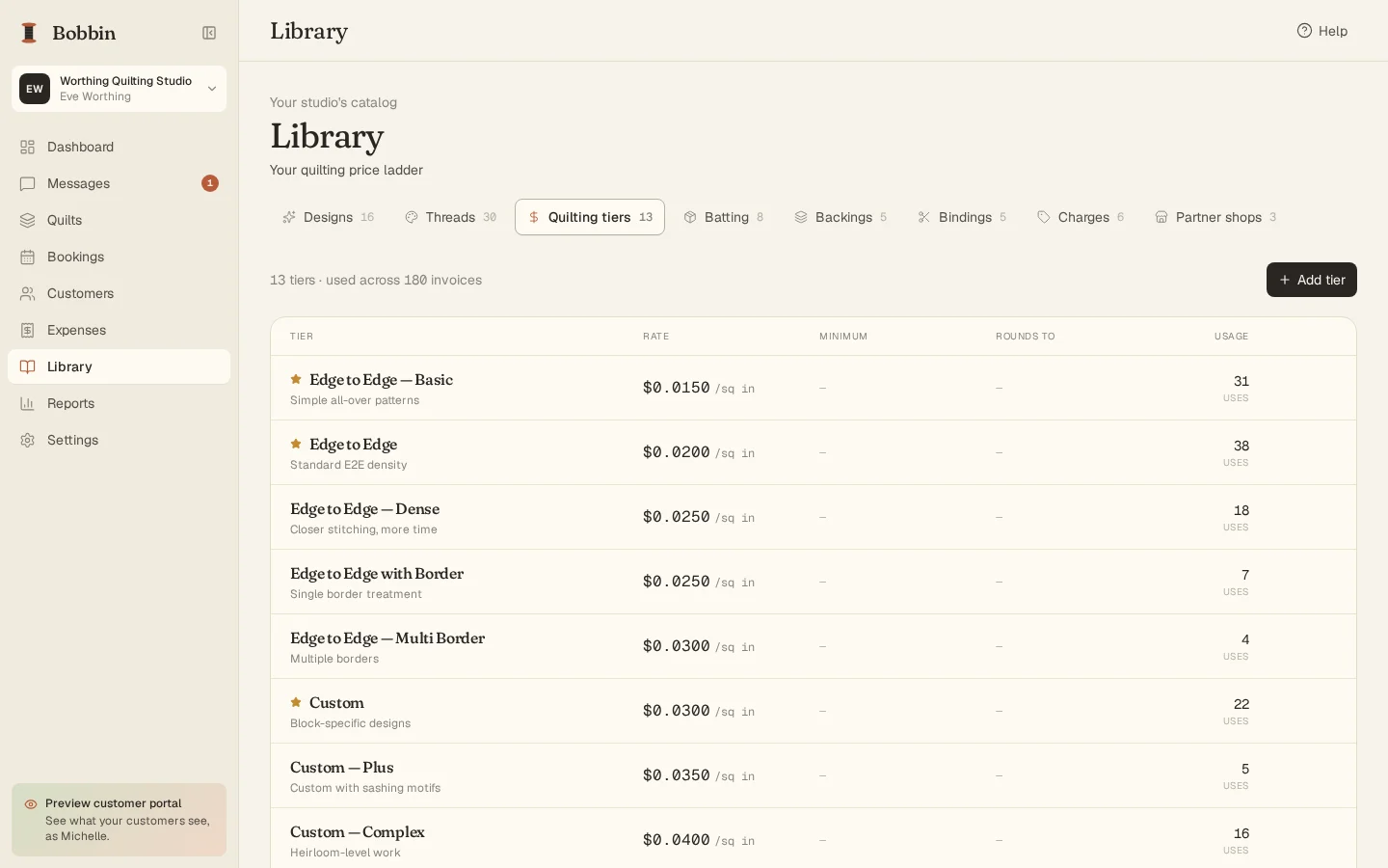 The quilting tiers in the Library: each tier has a rate with its unit, here per square inch, plus columns for a minimum charge, rounding and how often it is used.