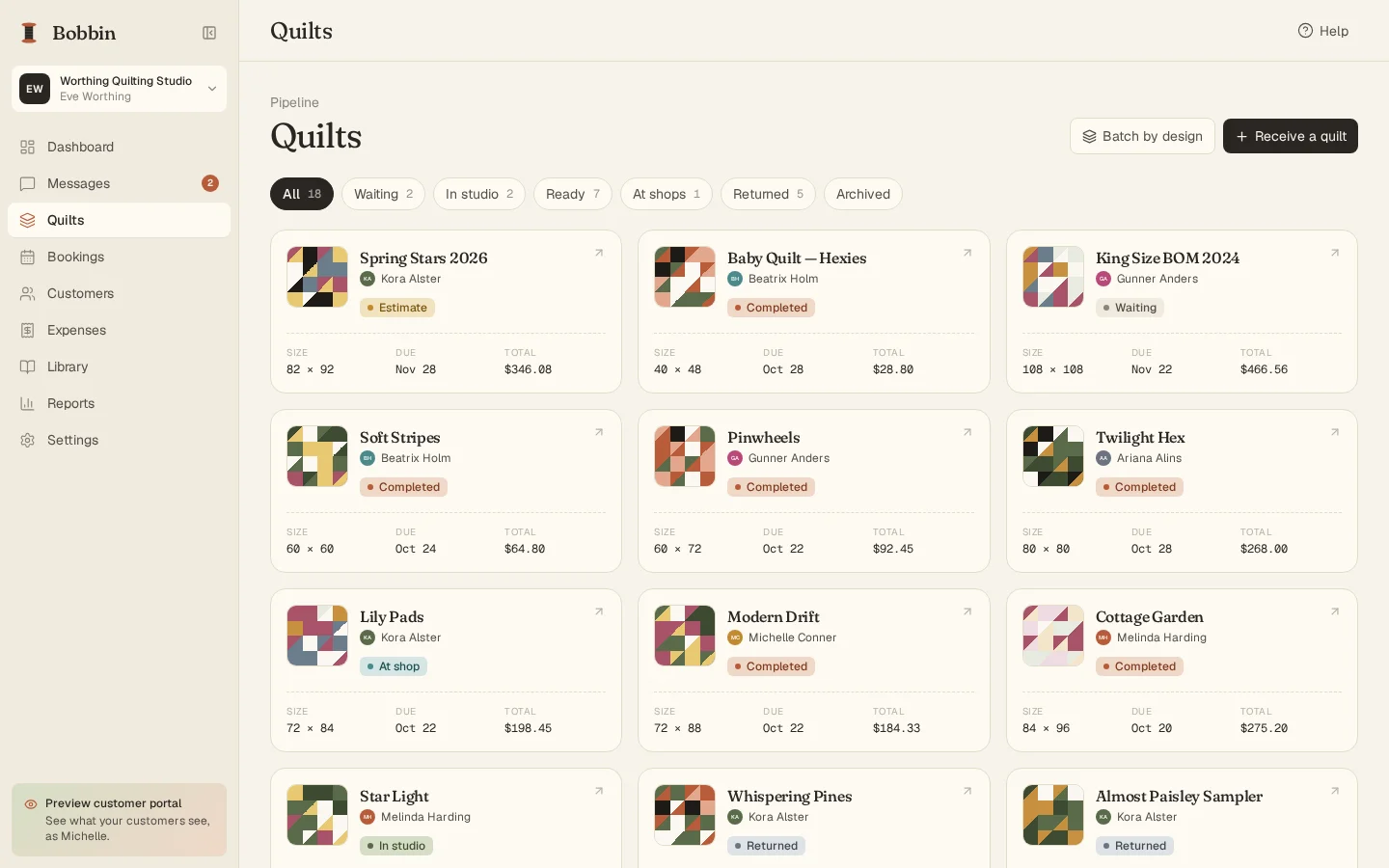 The quilts pipeline with tabs for each stage, from estimate to returned, and a card for every active quilt.