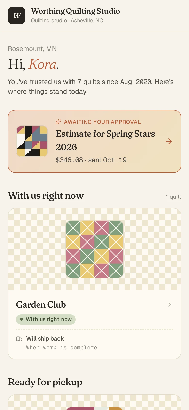 The customer portal on a phone: Kora's page at Worthing Quilting Studio listing her quilts and where each one is.