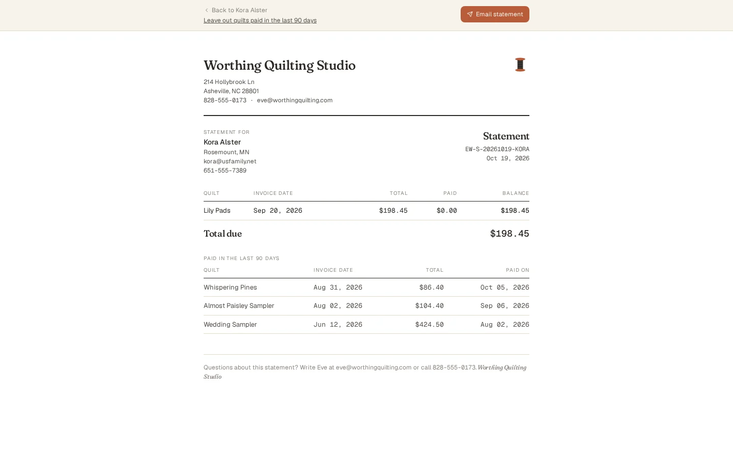 A printable statement for Kora Alster from Worthing Quilting Studio: the unpaid quilt with its total, paid amount and balance, the total due, and quilts paid in the last 90 days.