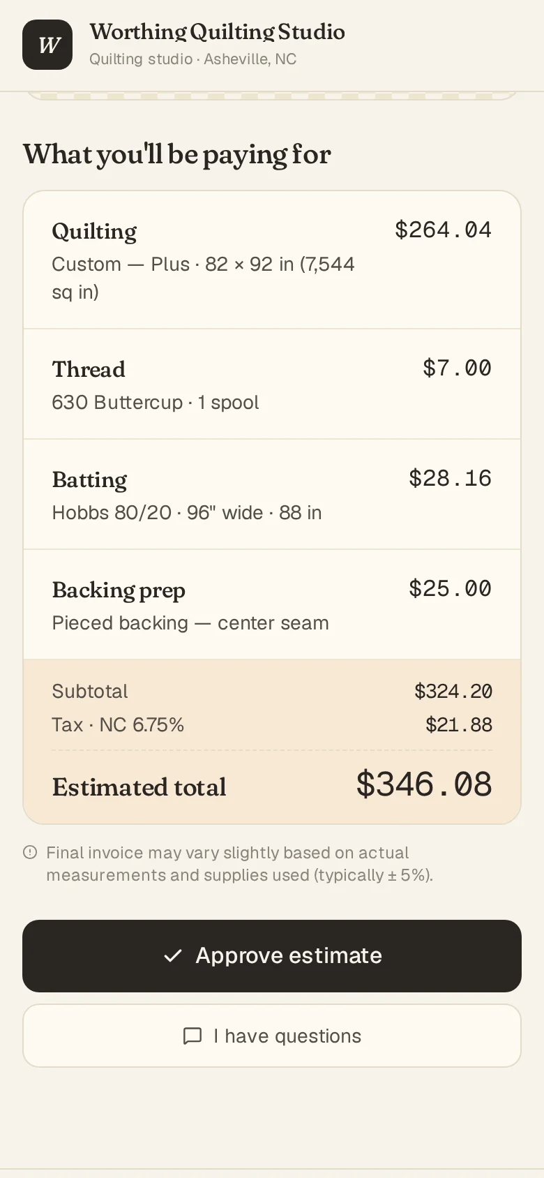An estimate on the customer portal, on a phone: quilting, thread, batting and backing lines, tax, the estimated total and an Approve estimate button.